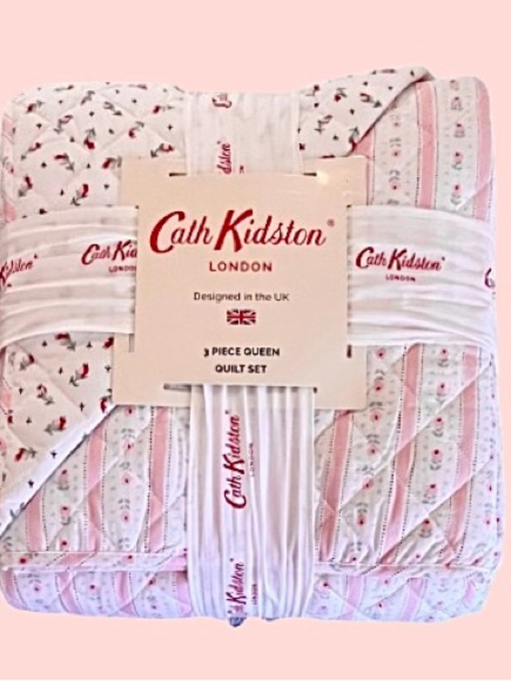 🆕- Cath Kidston Rosebud Pink Floral & Stripe Queen 3 Piece Quilt Set. Beautiful